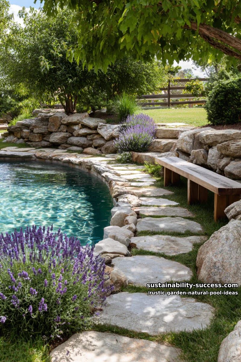 small backyard oasis with flagstone stepping stones and blooming lavender 1