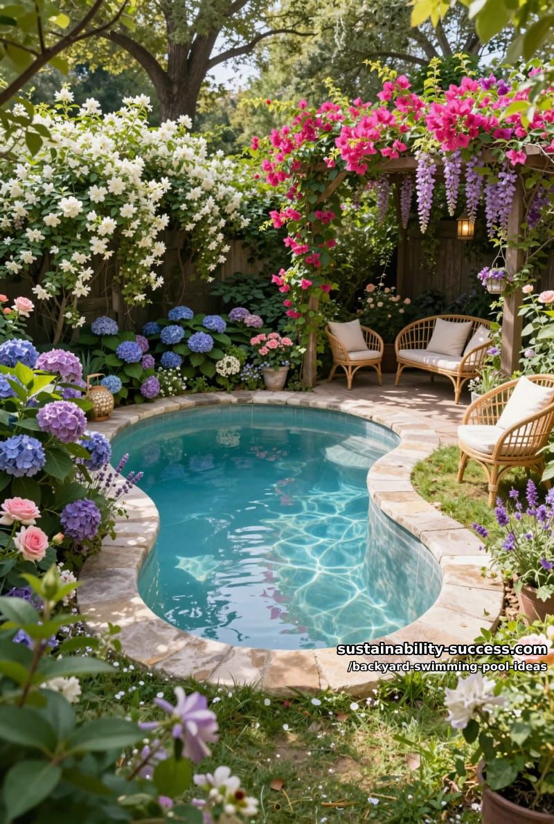 small kidney-shaped pool embraced by flowering bushes and vines 1