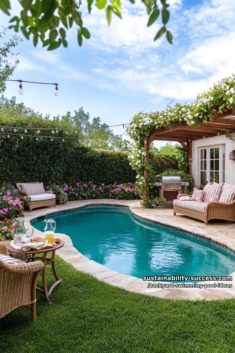 small kidney-shaped pool embraced by flowering bushes and vines 1