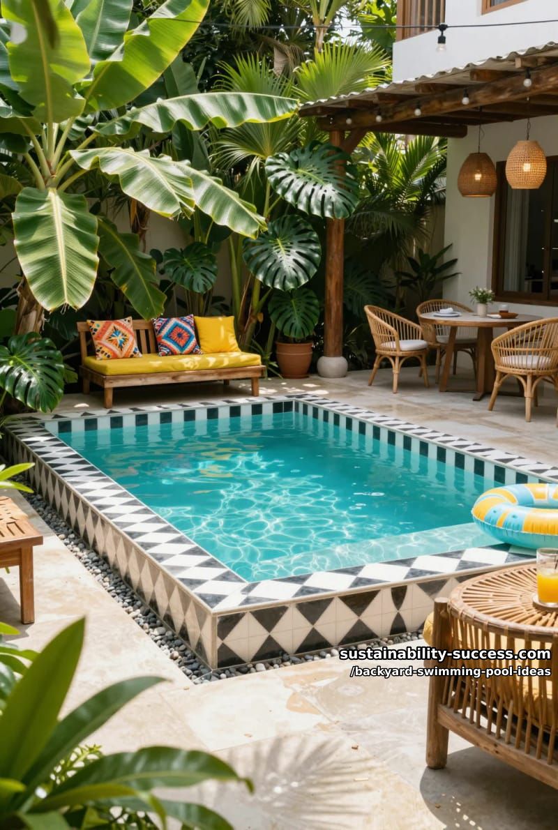 small plunge pool bordered by geometric tile and tropical greenery 1