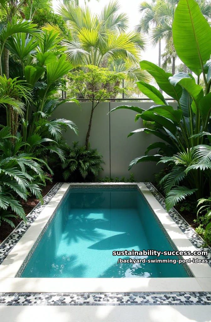 small plunge pool bordered by geometric tile and tropical greenery 1