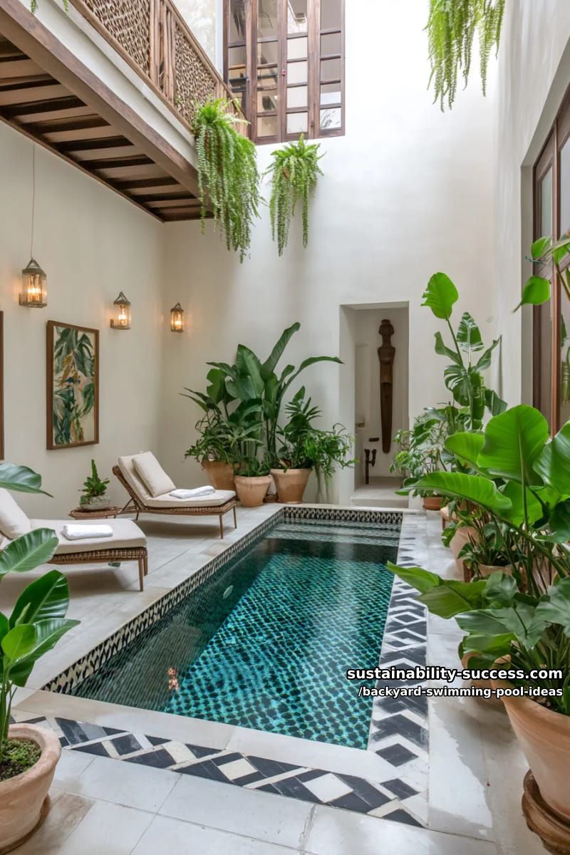 small plunge pool bordered by geometric tile and tropical greenery 1