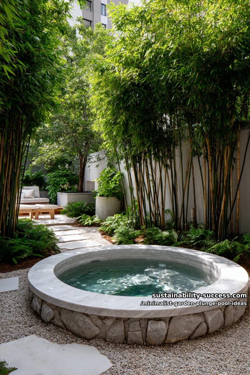small round plunge pool with smooth stone coping and bamboo privacy 1