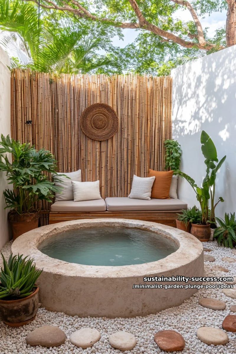 small round plunge pool with smooth stone coping and bamboo privacy 1