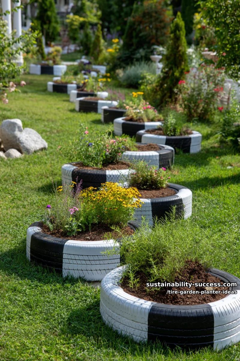 snaking striped tire planters curving through a lush lawn 1