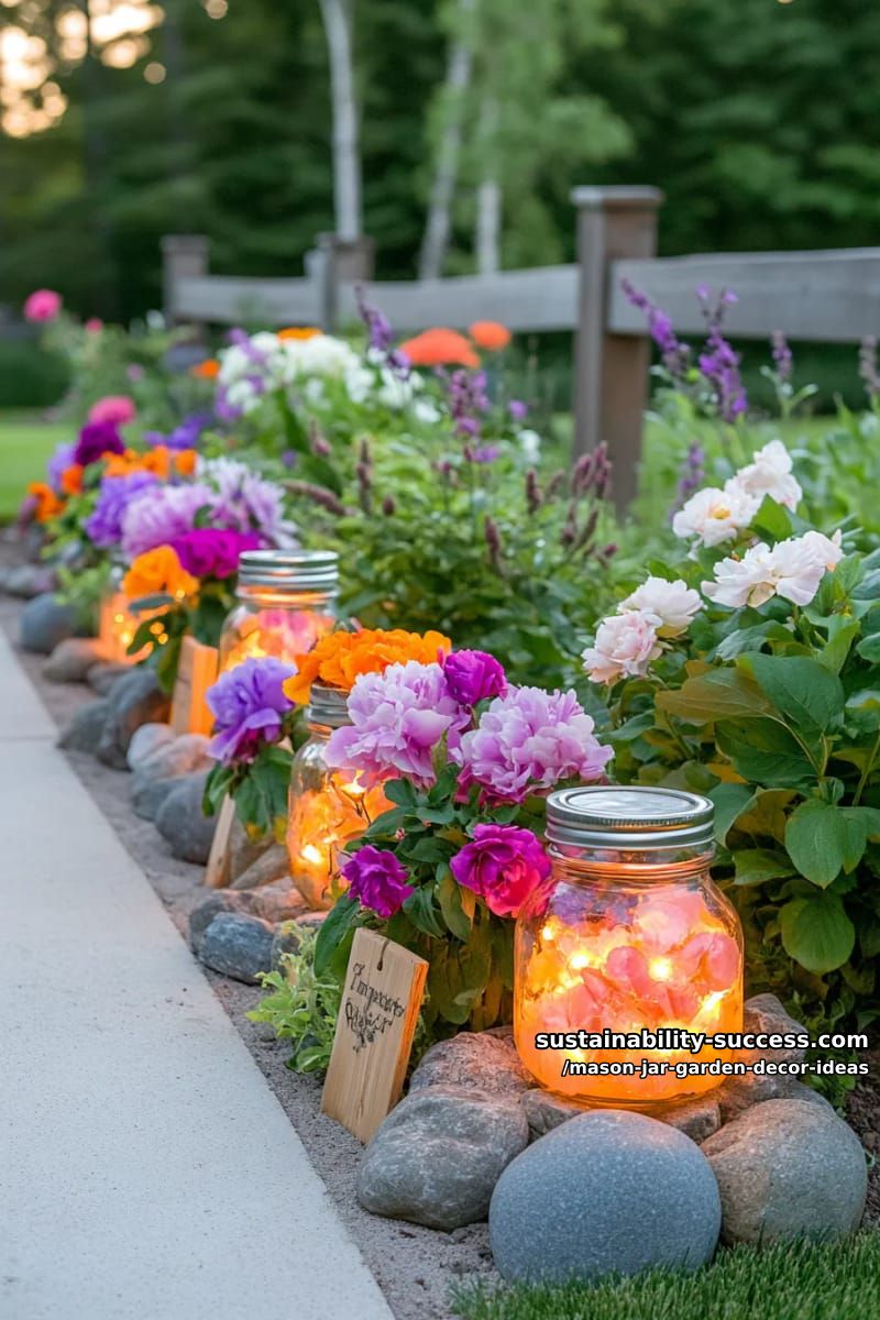 solar-powered fairy light mason jars scattered throughout flower beds 1