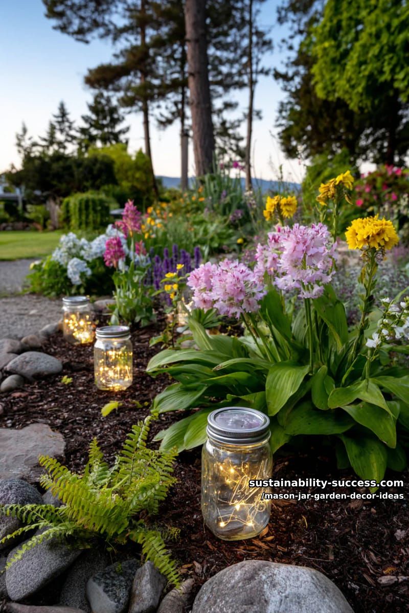 solar-powered fairy light mason jars scattered throughout flower beds 1