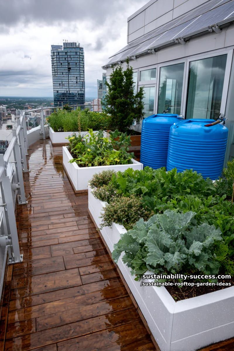 solar-powered rooftop garden with integrated rainwater harvesting barrels 1