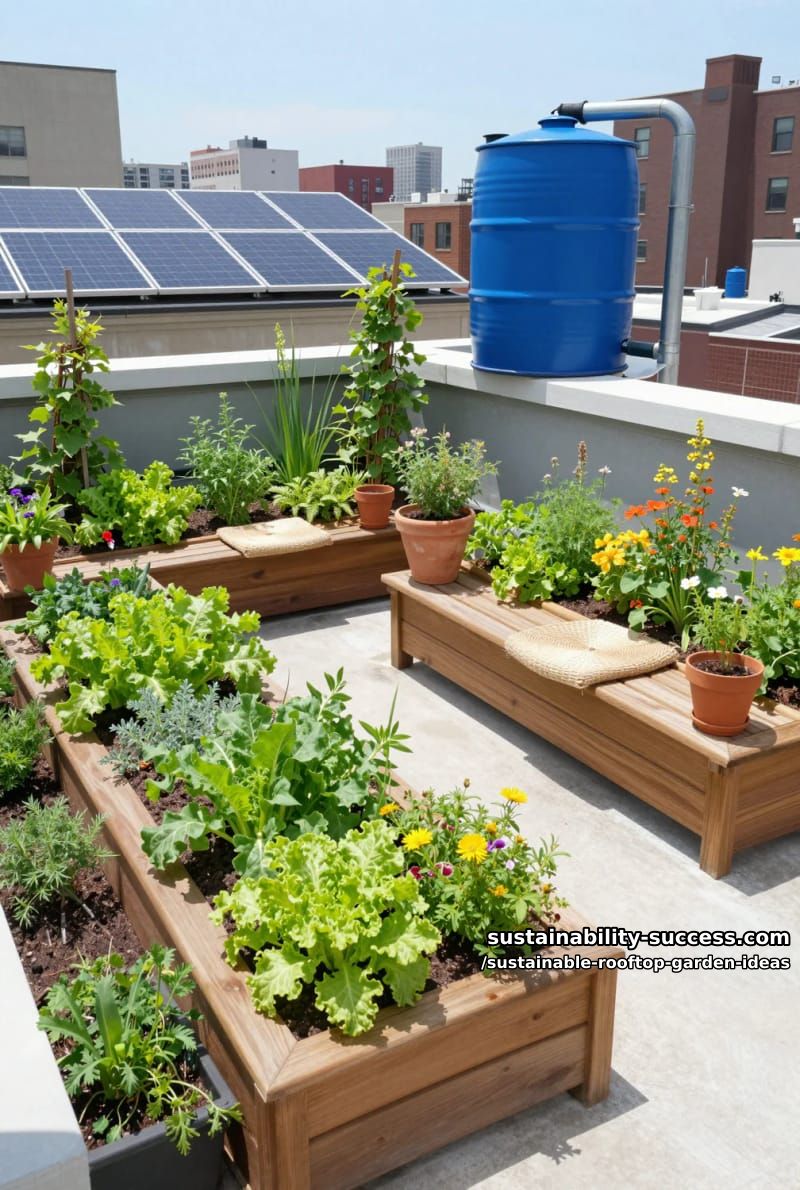 solar-powered rooftop garden with integrated rainwater harvesting barrels 1