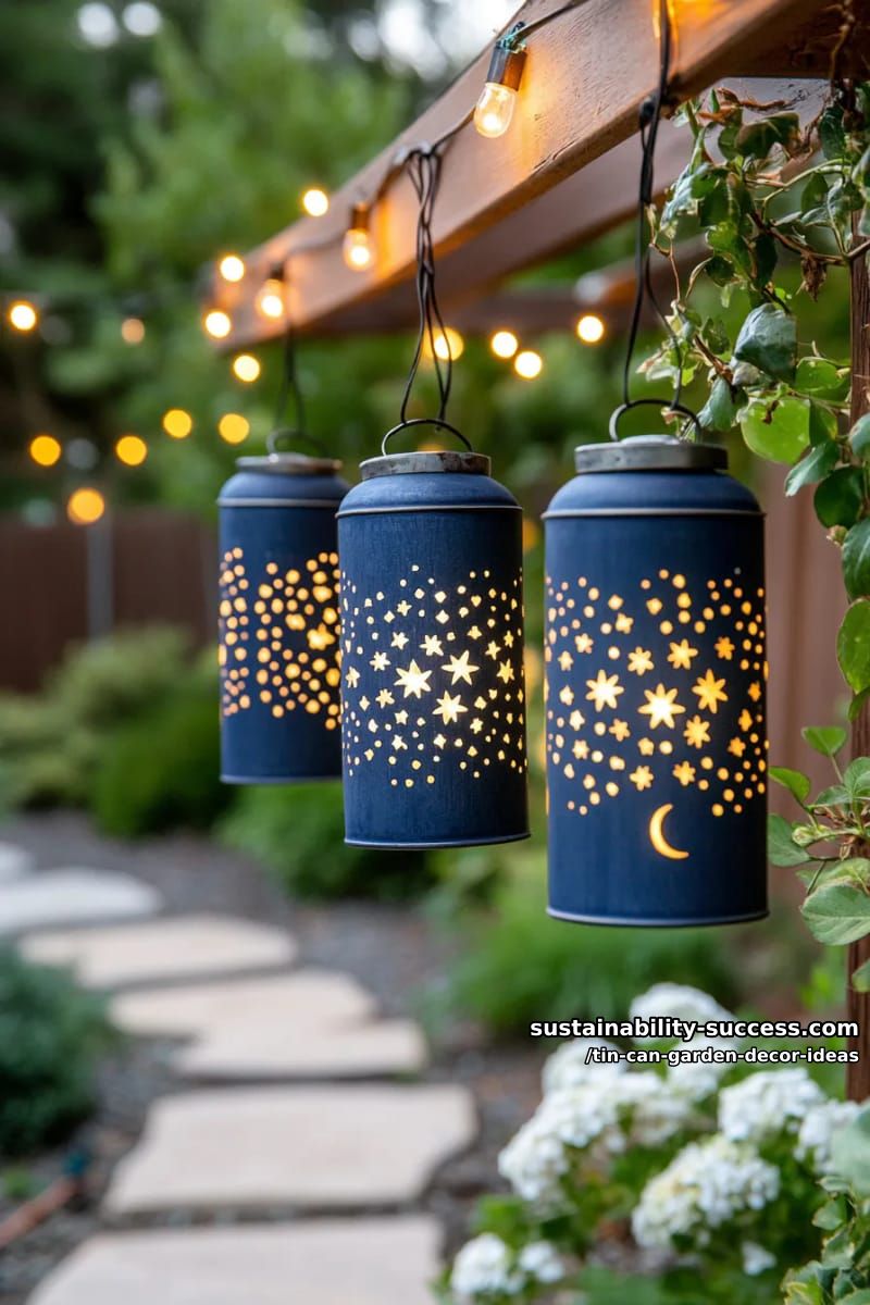 solar-powered tin can lanterns with star and moon punched patterns 1