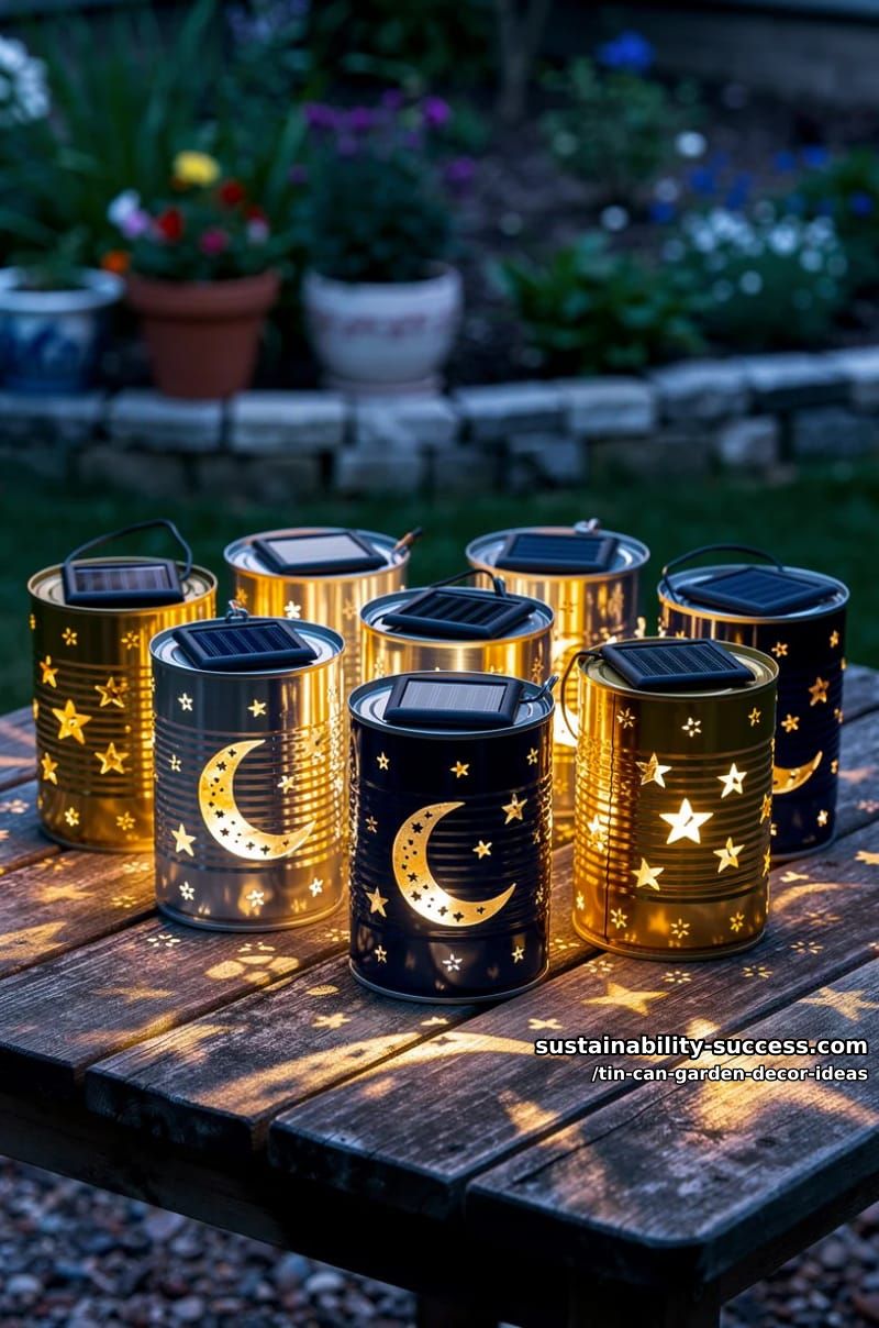 solar-powered tin can lanterns with star and moon punched patterns 1