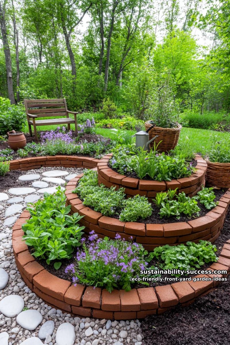 spiral herb garden edged with repurposed bricks and native edible plants 1