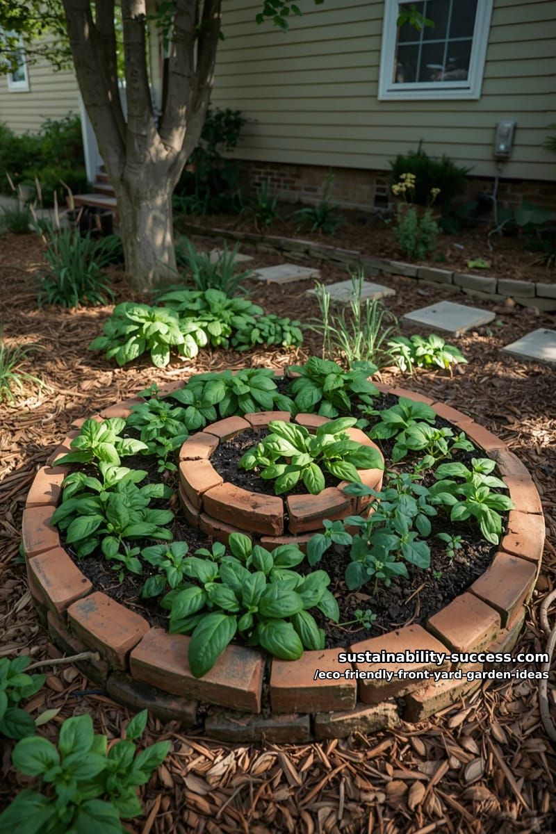 spiral herb garden edged with repurposed bricks and native edible plants 1