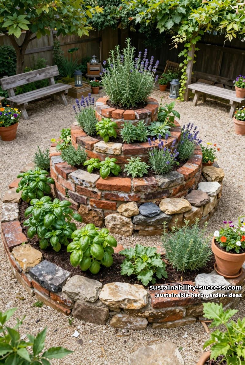 spiral herb garden using reclaimed bricks and stone for visual impact 1