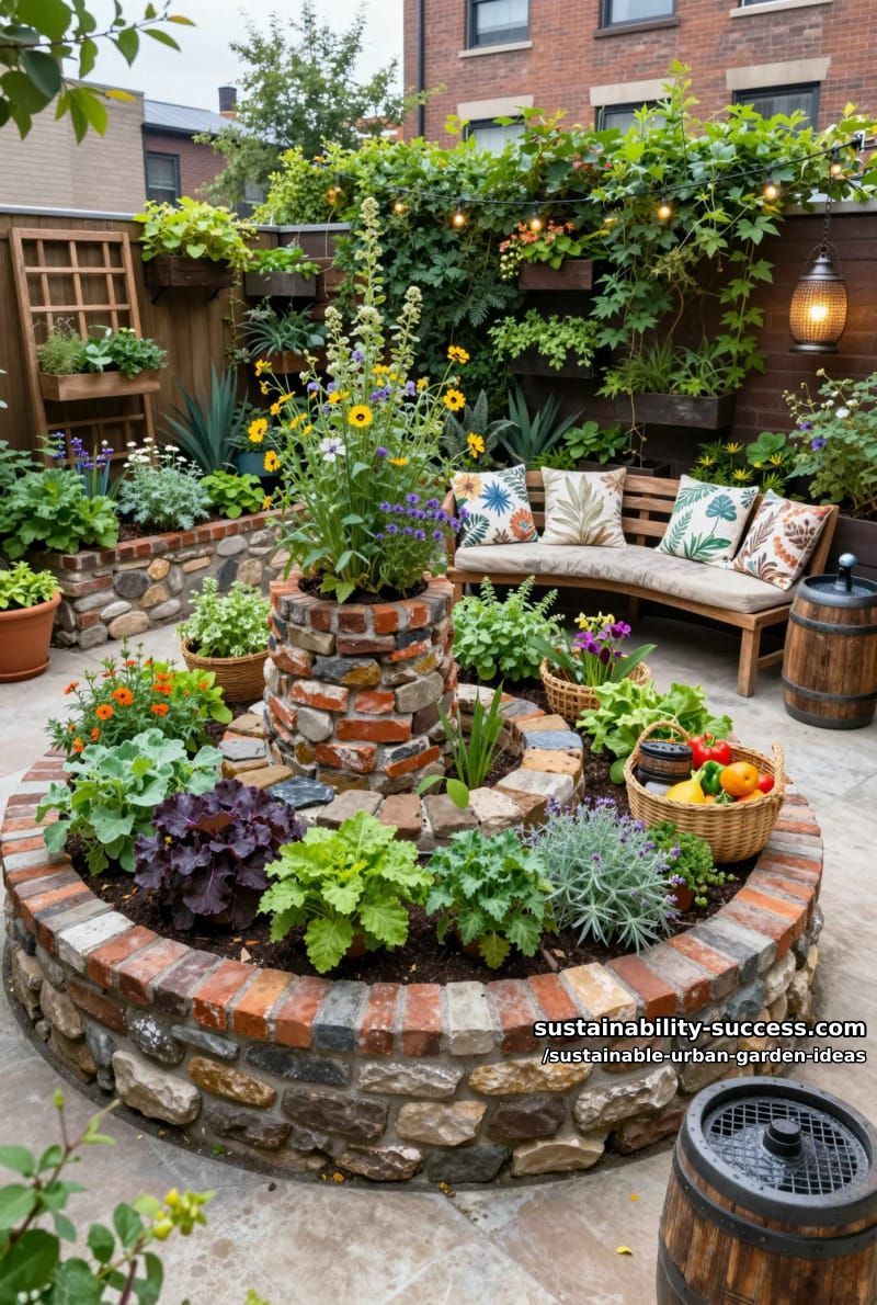 spiral keyhole garden beds using reclaimed bricks and stone 1