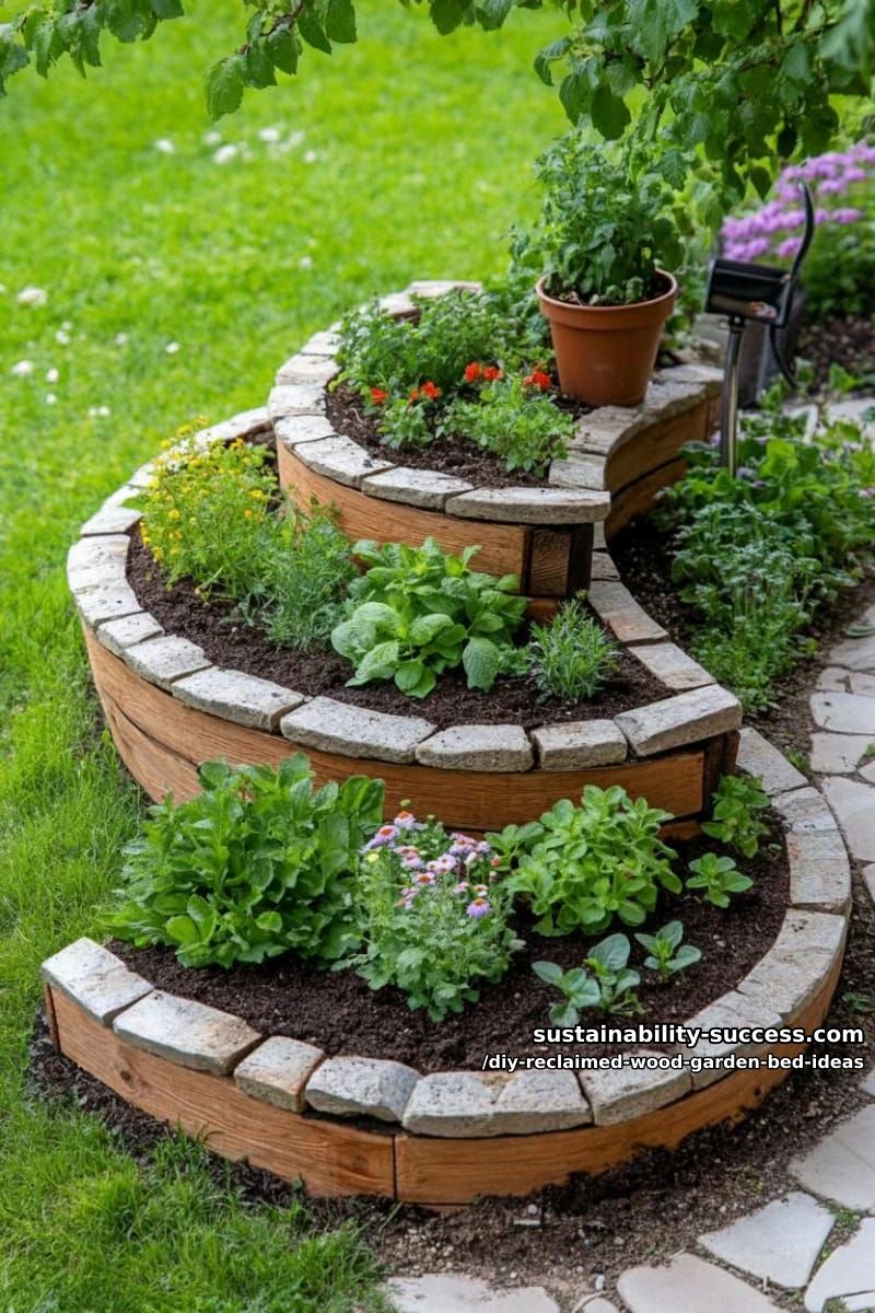 15 DIY Reclaimed Wood Garden Bed Ideas for Vibrant Backyards 39 spiral-shaped garden bed using reclaimed wood and stone mix 1