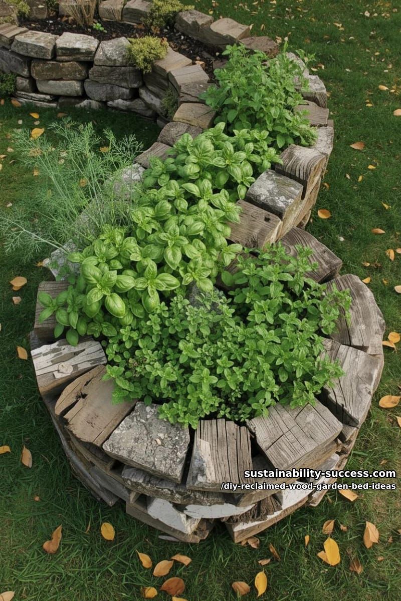 15 DIY Reclaimed Wood Garden Bed Ideas for Vibrant Backyards 41 spiral-shaped garden bed using reclaimed wood and stone mix 1