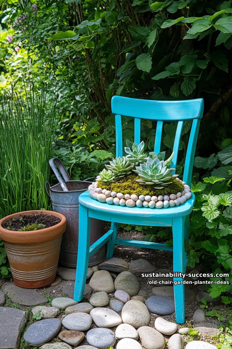 spray paint a chair turquoise and fill the seat with succulents and river rocks 1