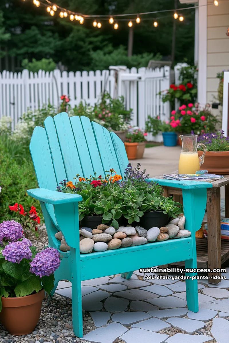 spray paint a chair turquoise and fill the seat with succulents and river rocks 1