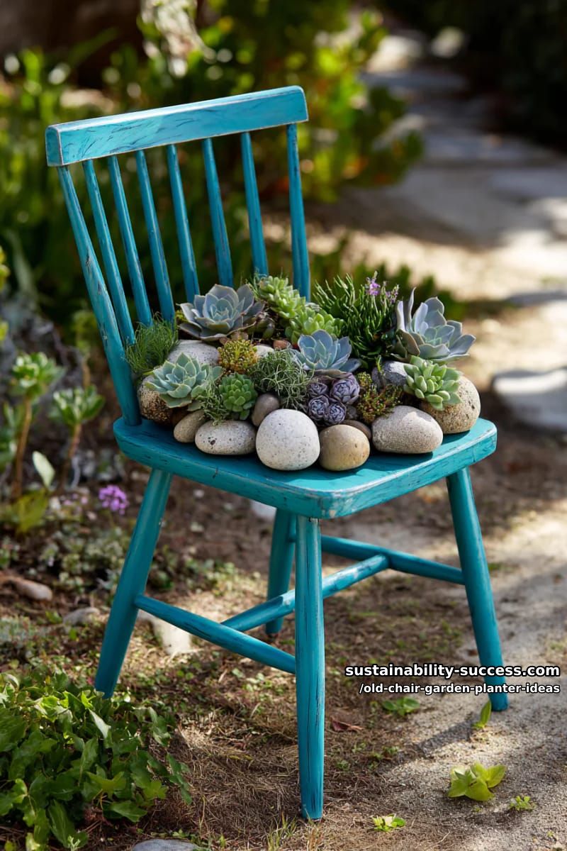 spray paint a chair turquoise and fill the seat with succulents and river rocks 1
