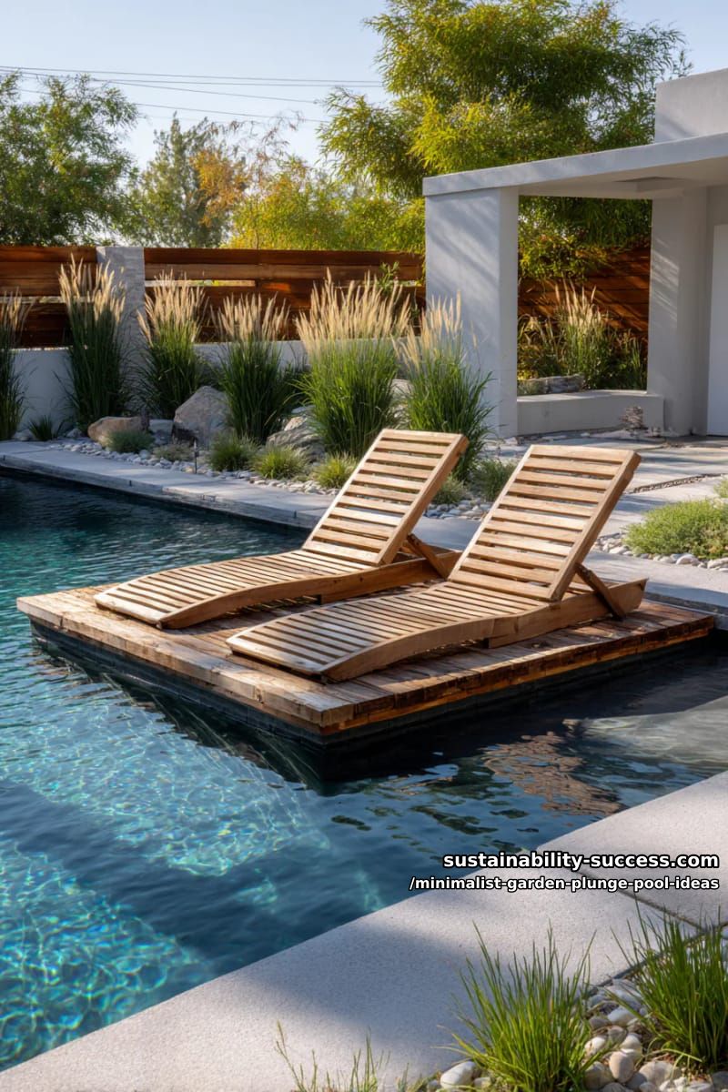 square plunge pool with floating minimalist wooden deck loungers 1