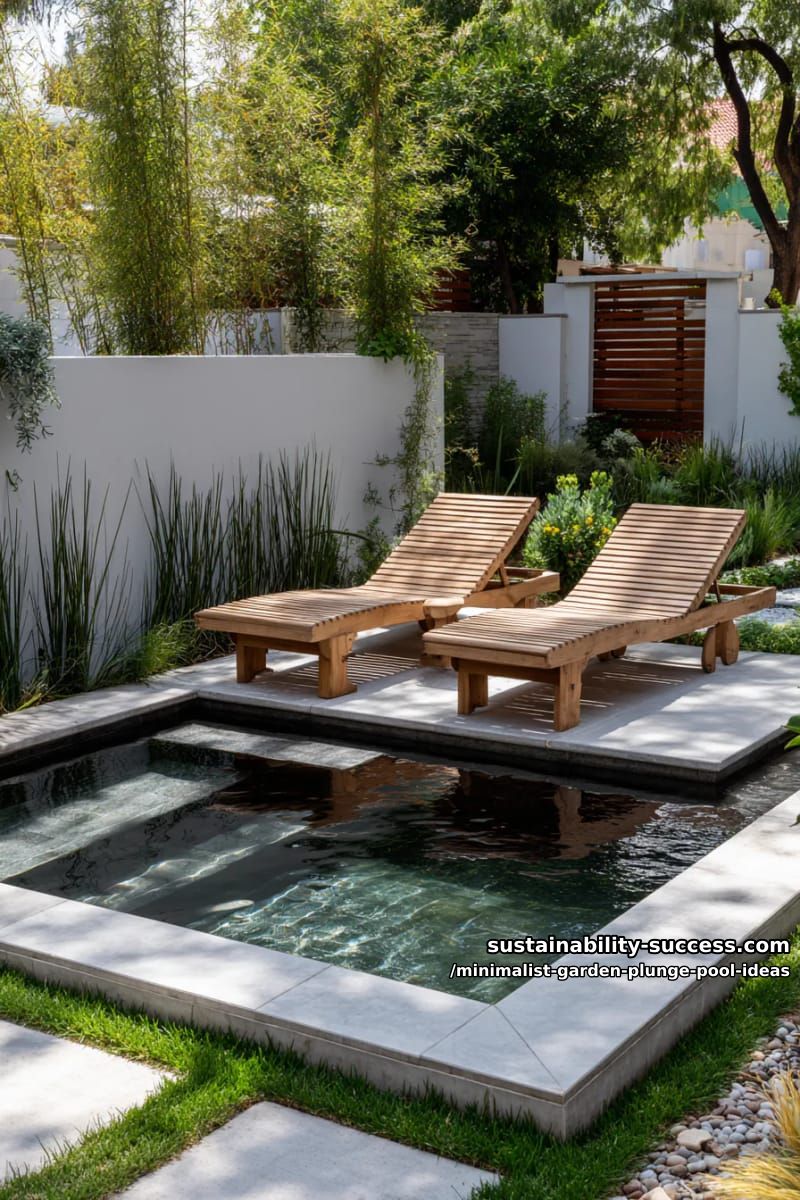 square plunge pool with floating minimalist wooden deck loungers 1