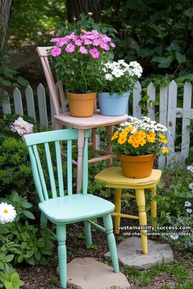 stack three painted chairs, each holding a different flowering plant 1