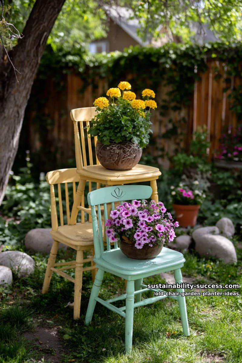 stack three painted chairs, each holding a different flowering plant 1