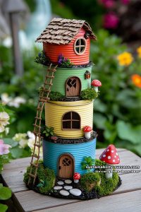 stackable tin can fairy house village with moss and tiny windows 16