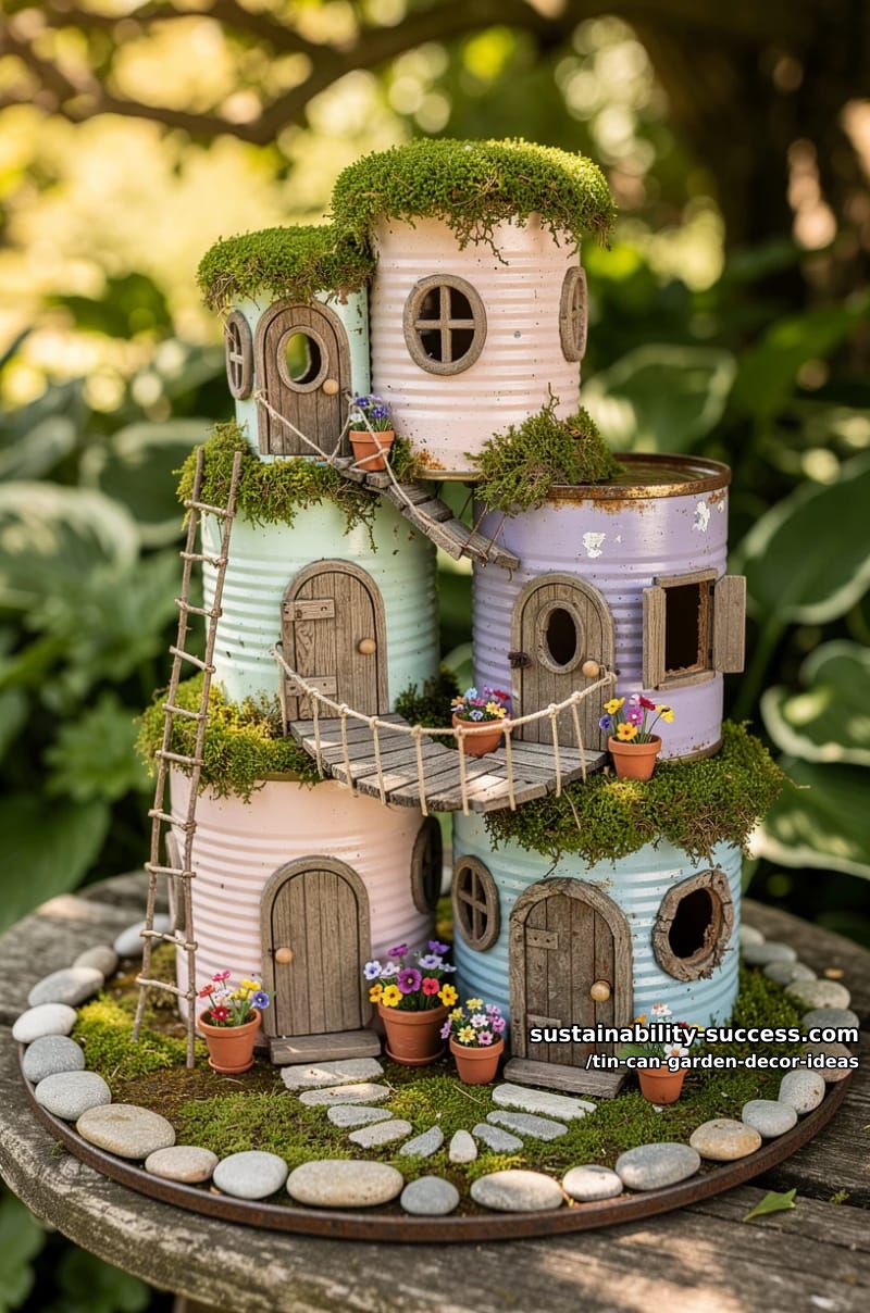 stackable tin can fairy house village with moss and tiny windows 1