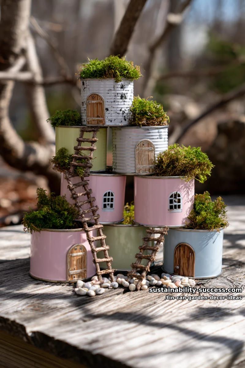 stackable tin can fairy house village with moss and tiny windows 1