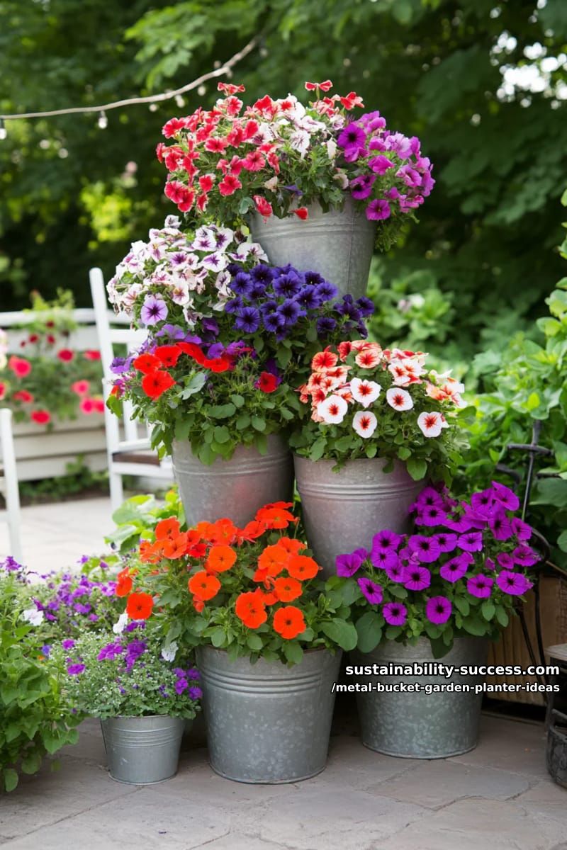 staggered tower of metal buckets spilling vibrant trailing flowers downwards 1
