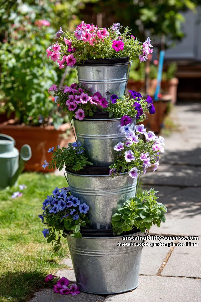 staggered tower of metal buckets spilling vibrant trailing flowers downwards 1