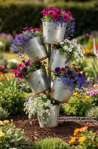 staggered tower of metal buckets spilling vibrant trailing flowers downwards 4