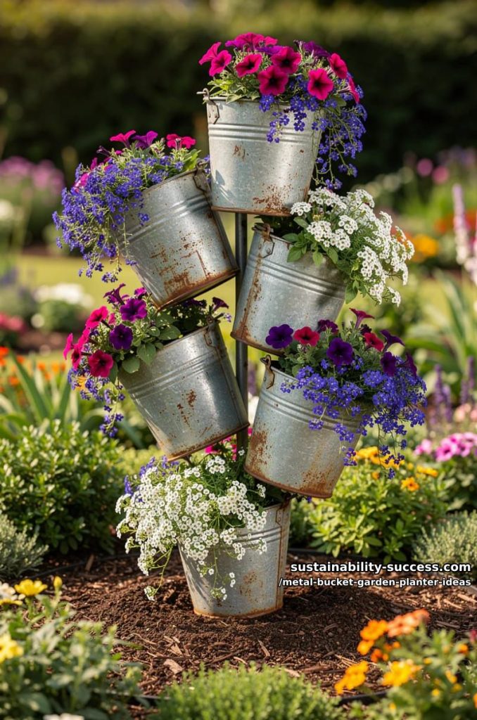 staggered tower of metal buckets spilling vibrant trailing flowers downwards 4