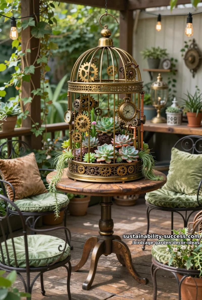 steampunk-inspired birdcage with brass gears, succulents, and air plants 1