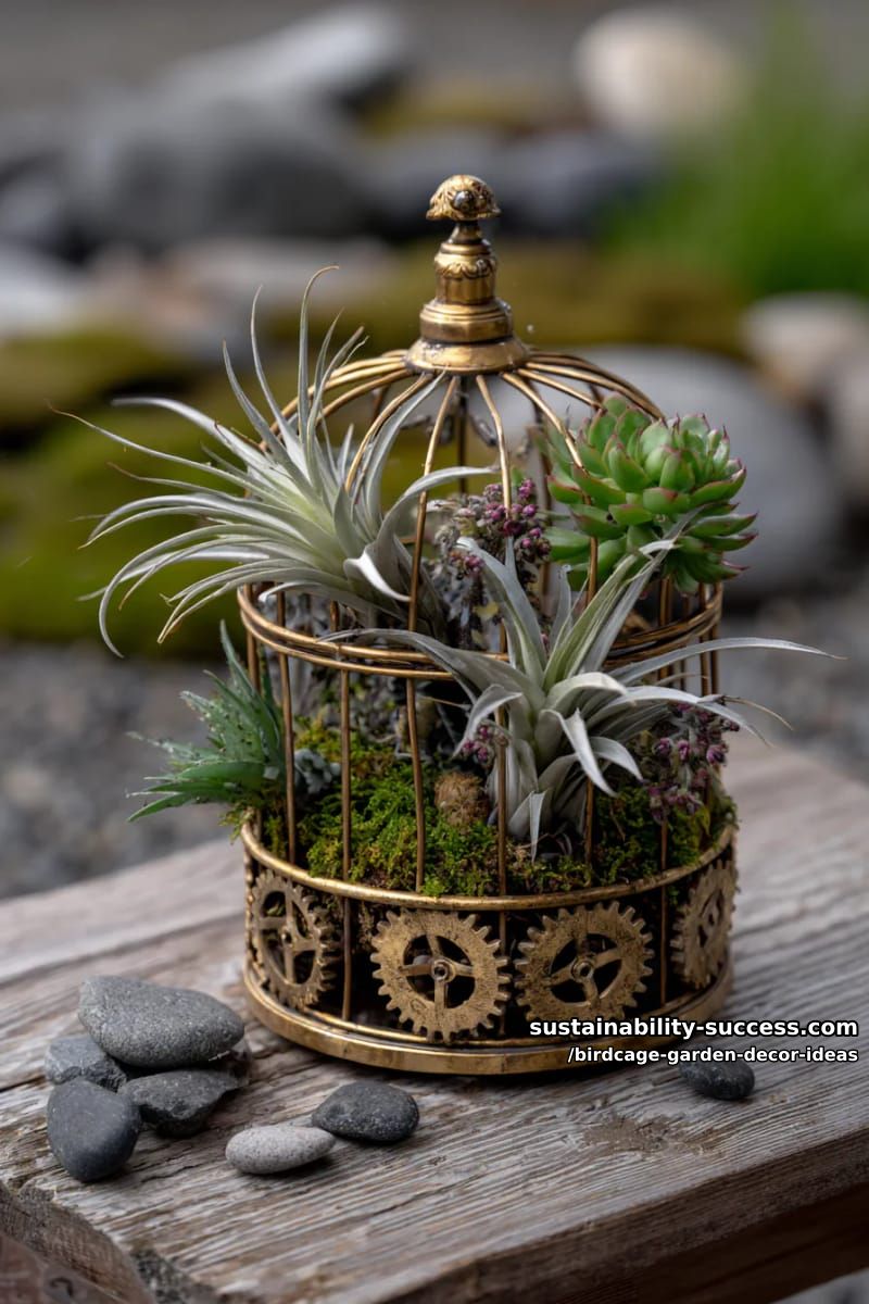 steampunk-inspired birdcage with brass gears, succulents, and air plants 1