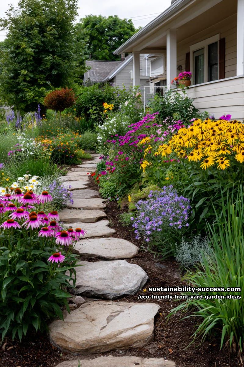 stepping stone path curving through a lush pollinator-friendly perennial border 1