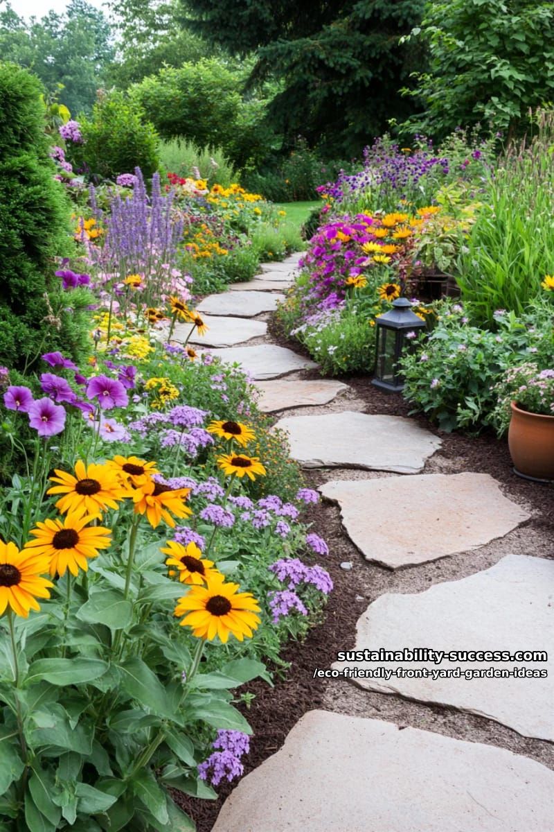 stepping stone path curving through a lush pollinator-friendly perennial border 1