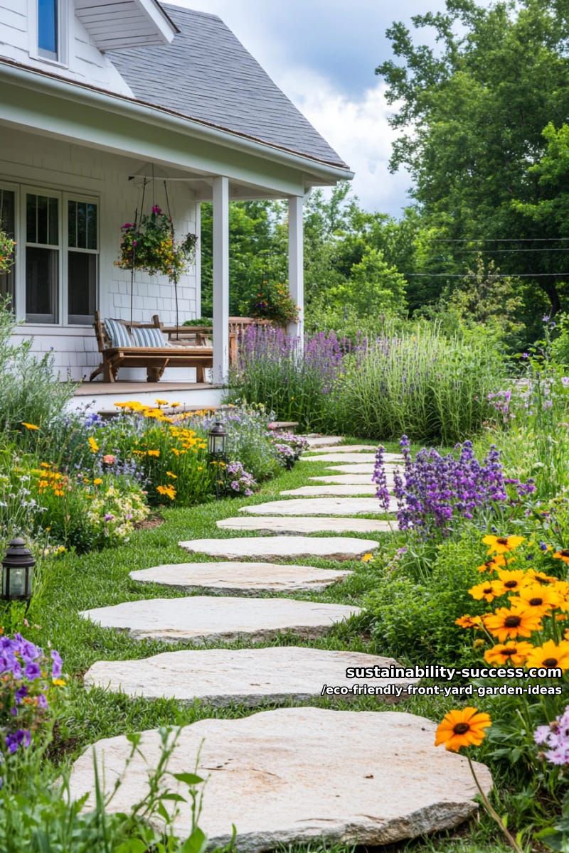 stepping stone path curving through a lush pollinator-friendly perennial border 1