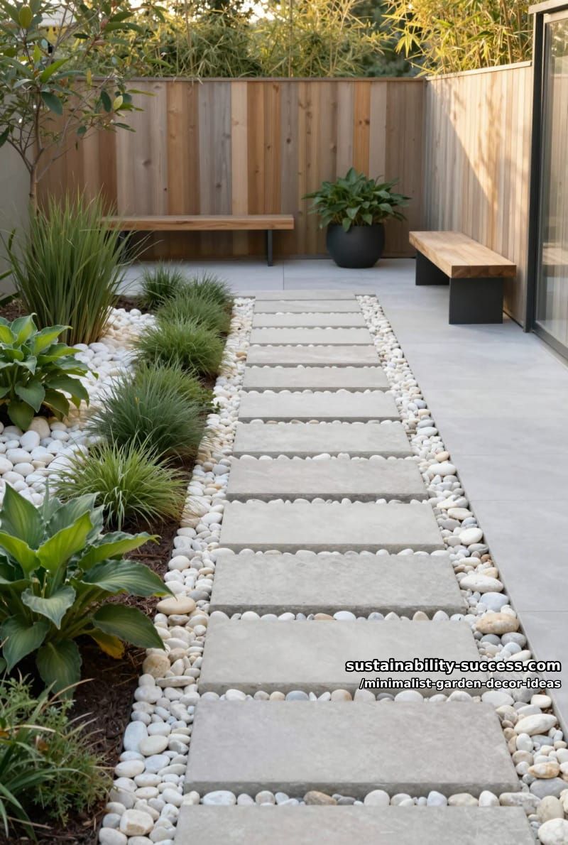 stepping-stone pathway bordered by white river rocks and simple green plants 1