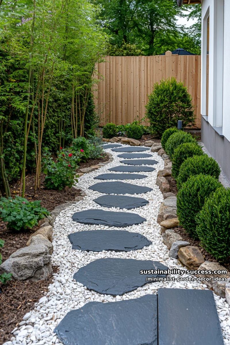 stepping-stone pathway bordered by white river rocks and simple green plants 1