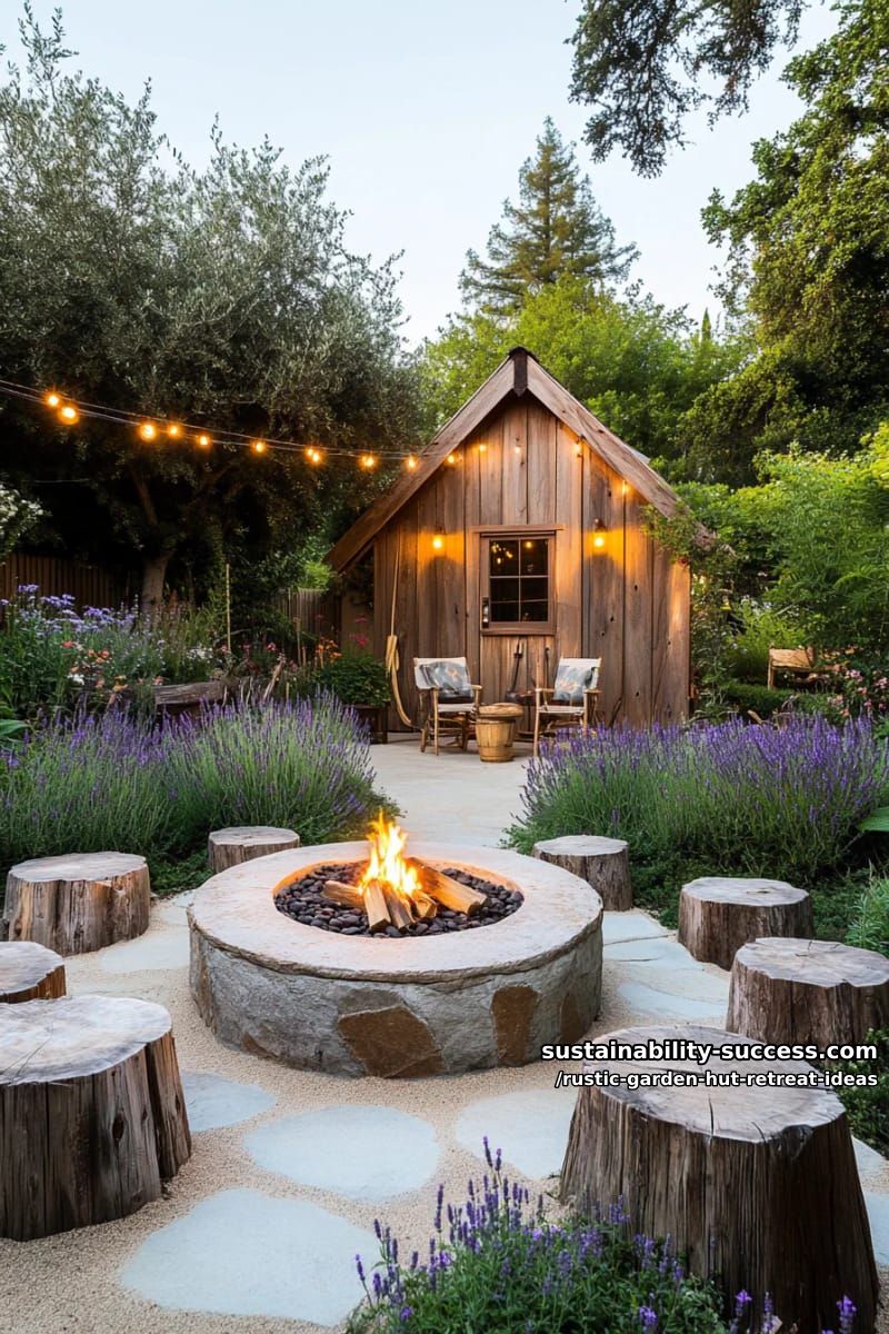 stone firepit circle paired with log stump seats outside the hut 13
