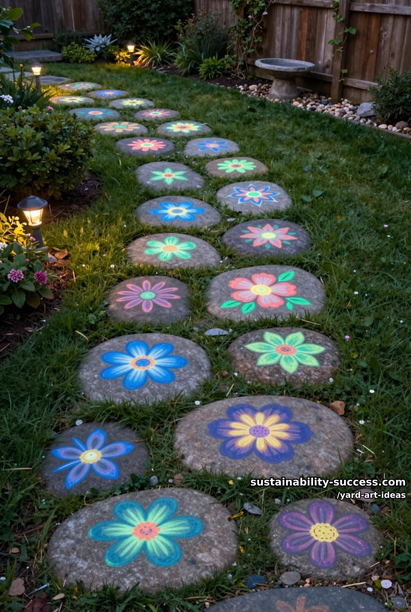 stone pathways with glow-in-the-dark floral paints 1