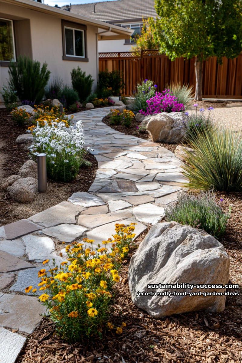 stone paver walkway surrounded by native wildflowers and drought-tolerant grasses 1