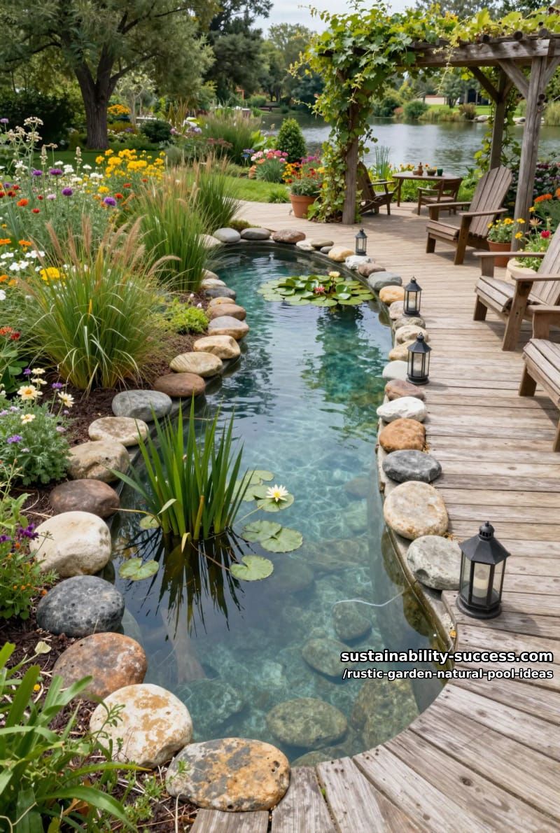 stream-inspired pool with gently curving banks and aquatic plants 1