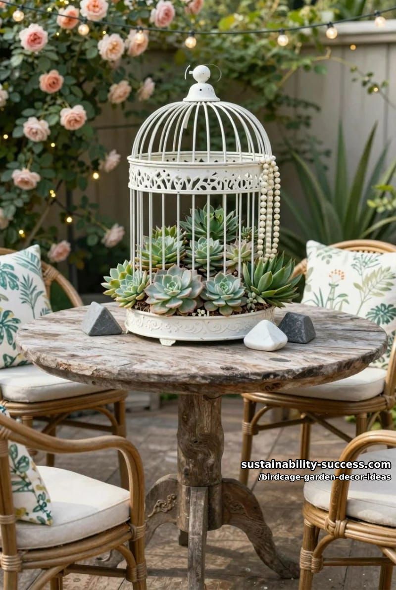 succulent-filled birdcage centerpiece featuring unexpected geometric stone accents 1