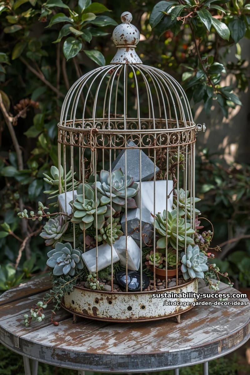 succulent-filled birdcage centerpiece featuring unexpected geometric stone accents 1