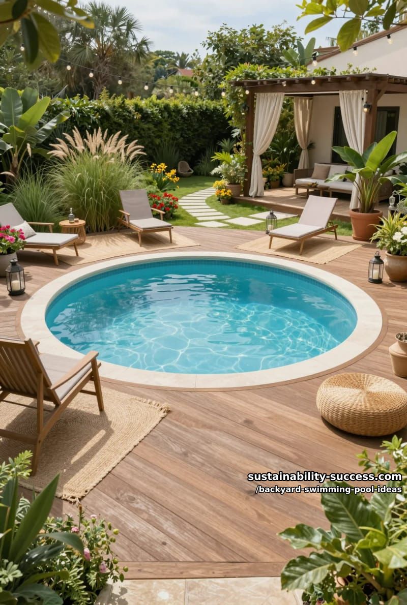 sunken circular pool with surrounding wooden deck and lush garden landscaping 1