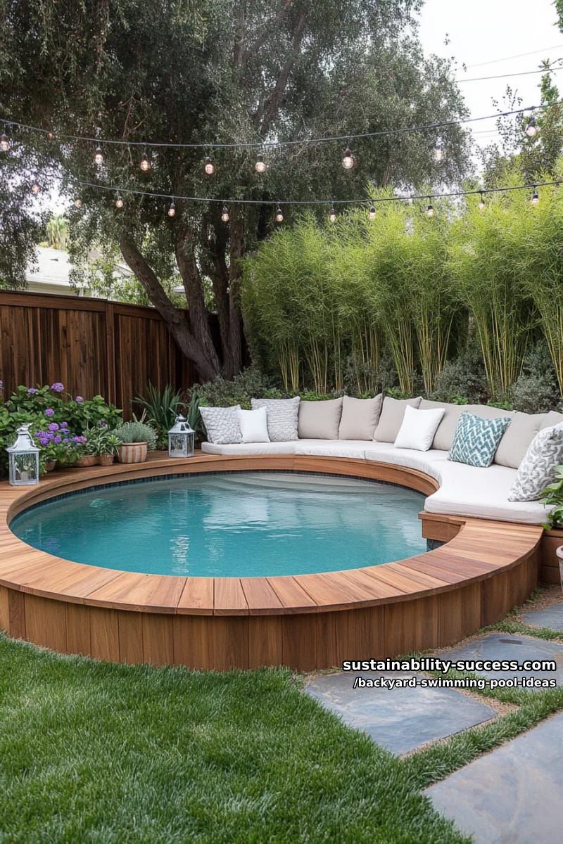 sunken circular pool with surrounding wooden deck and lush garden landscaping 1